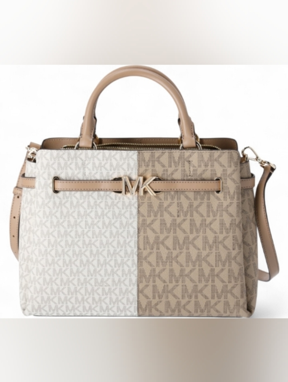 NWT ~ Boutique Style ~ Michael Kors Reed Belted Satchel-L CamelMulti Sig Logo CW